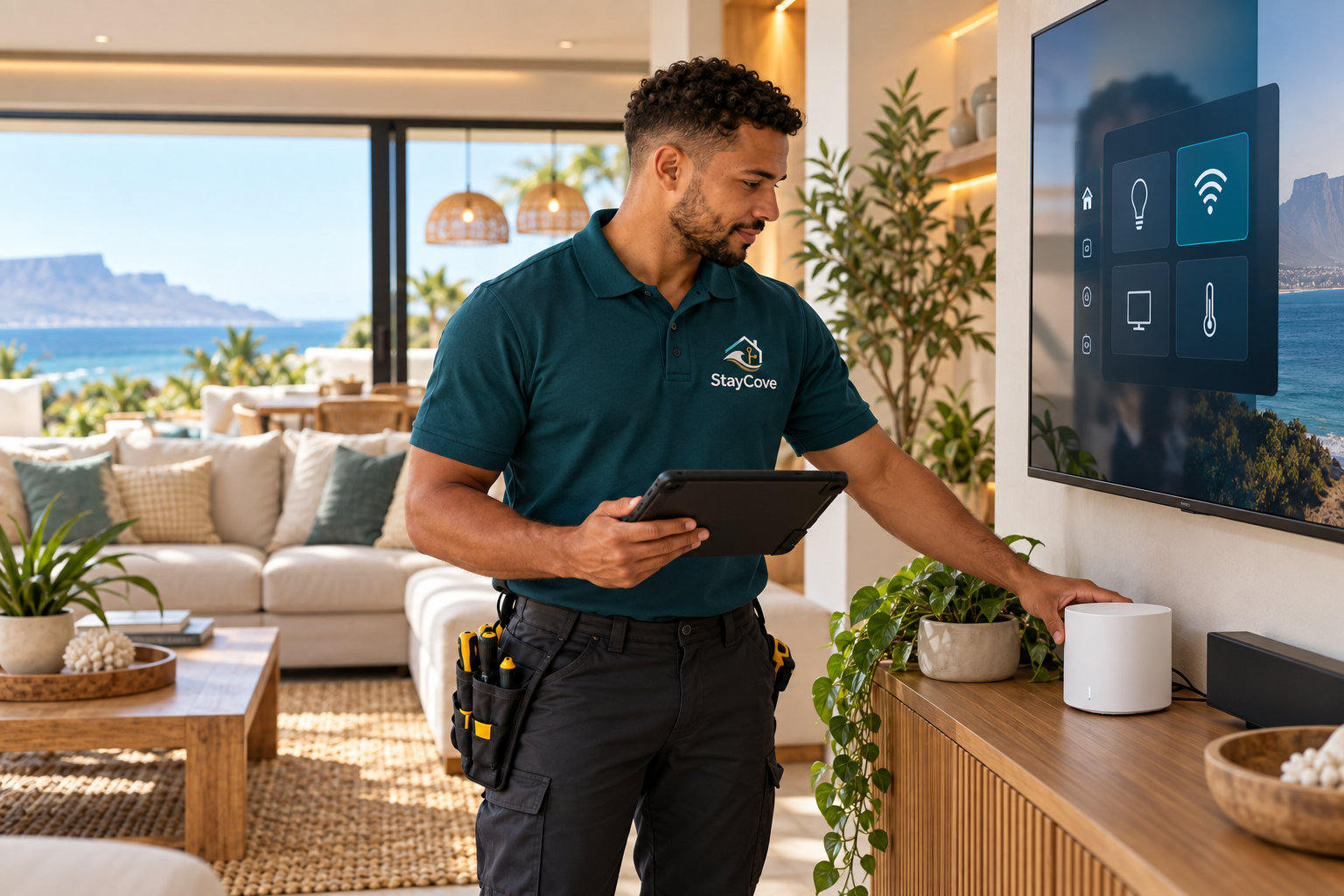 Professional technician setting up keyless smart lock and home connectivity hardware