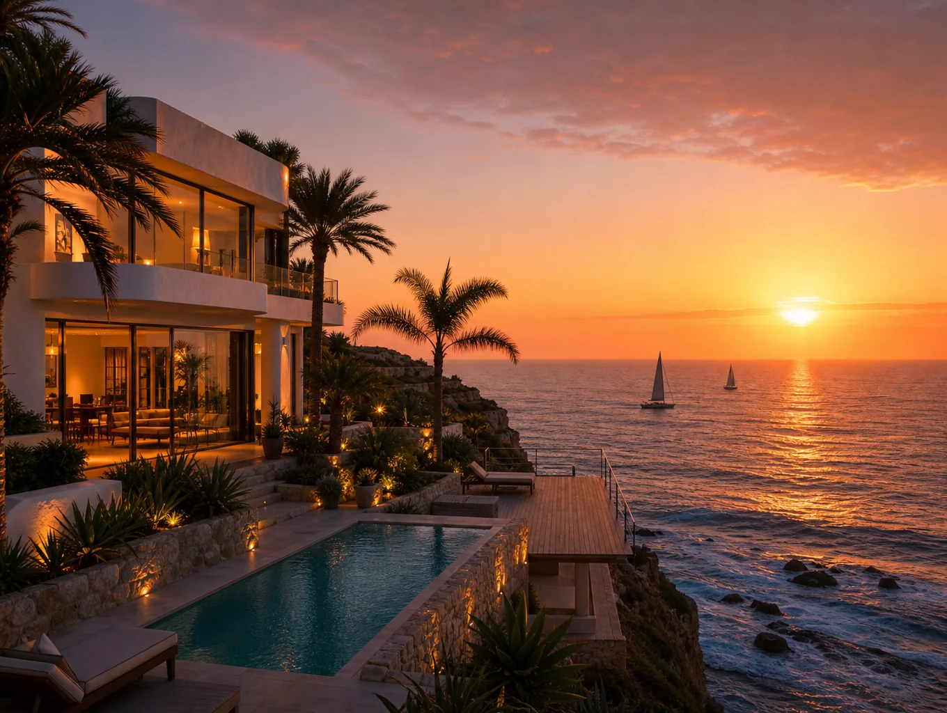 Dusk exterior view of an architectural Garden Route coastal holiday home