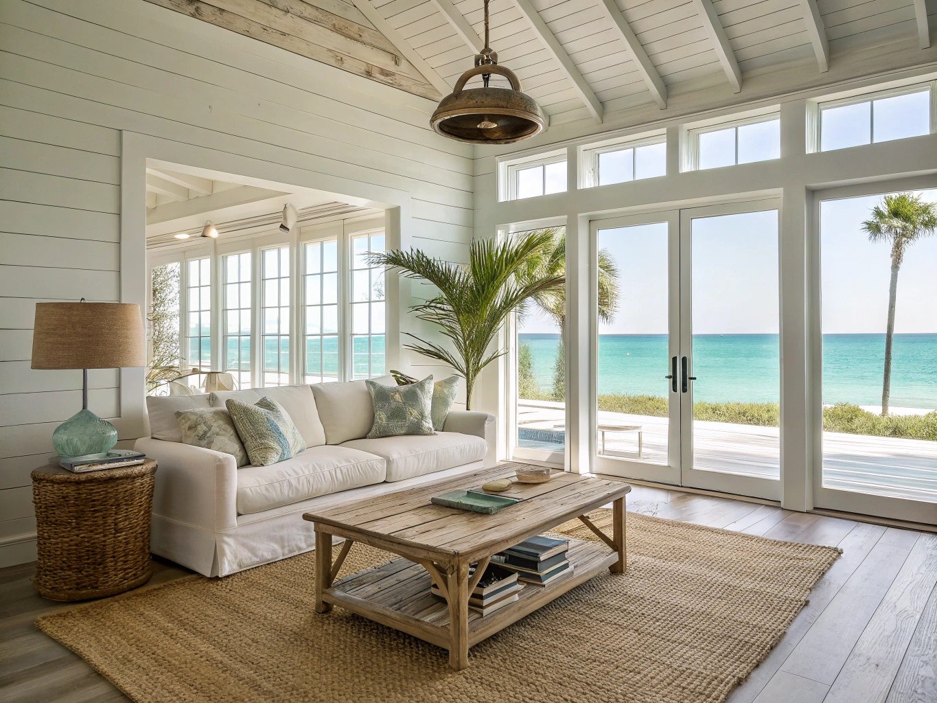 Bright coastal holiday home interior styled with linen accents and ocean views