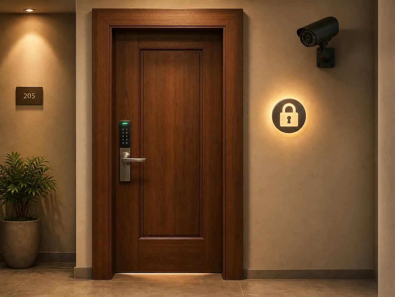 Contemporary digital keyless door access and modern entryway detail
