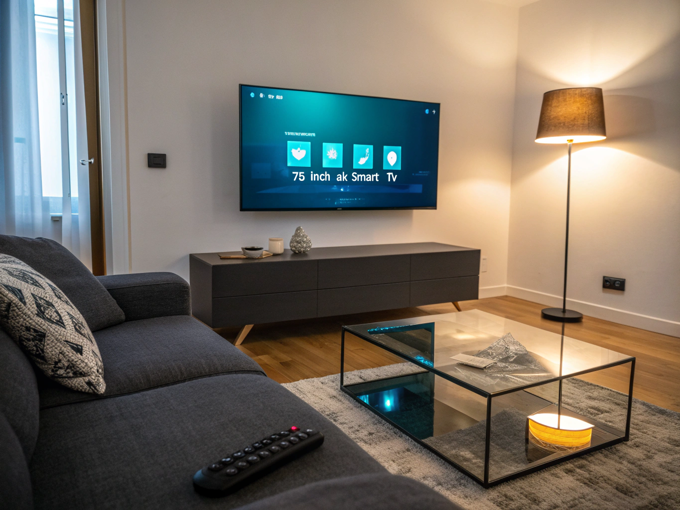 Wall-mounted smart television with streaming device connectivity in modern living area
